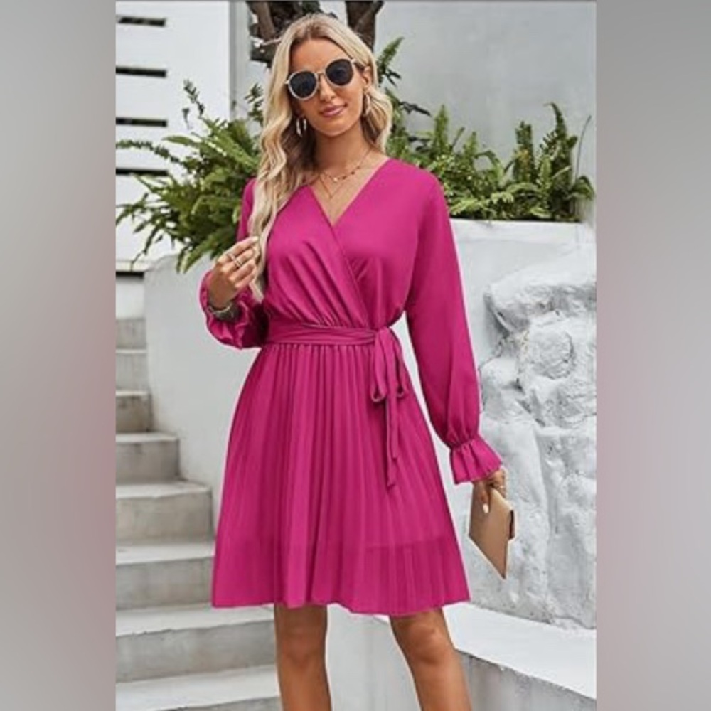 Casual Long Sleeve Wrap V Neck Pleated Mini Dress Tie Waist